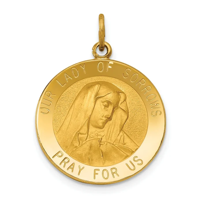 14K Gold Our Lady of Sorrows Medal Pendant Polished Solid Design